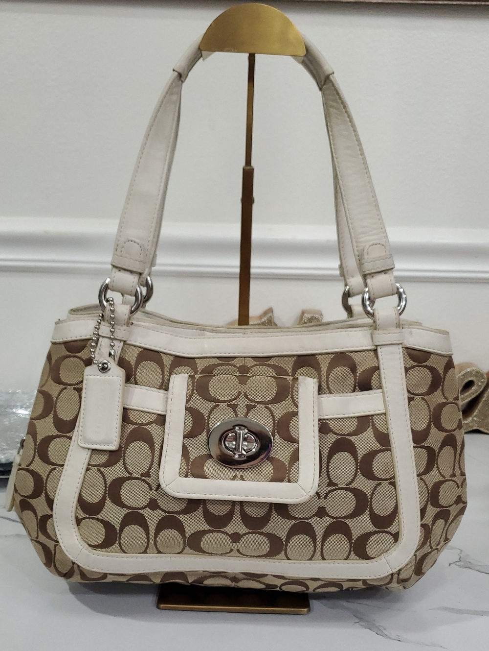 COACH Cricket Canvas monogram/Leather Trim Handbag
